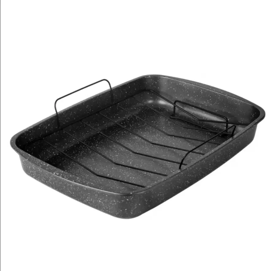 Rectangle 18.9 inch non-stick carbon steel roaster pan with wire rack, grey speckle, 0.5 mm thickness
