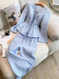 French Style Loose Fit, Blue Striped Two-Piece Set, V-Neck Waist-Crop Top & Wide Leg Pants, Casual Summer Wear