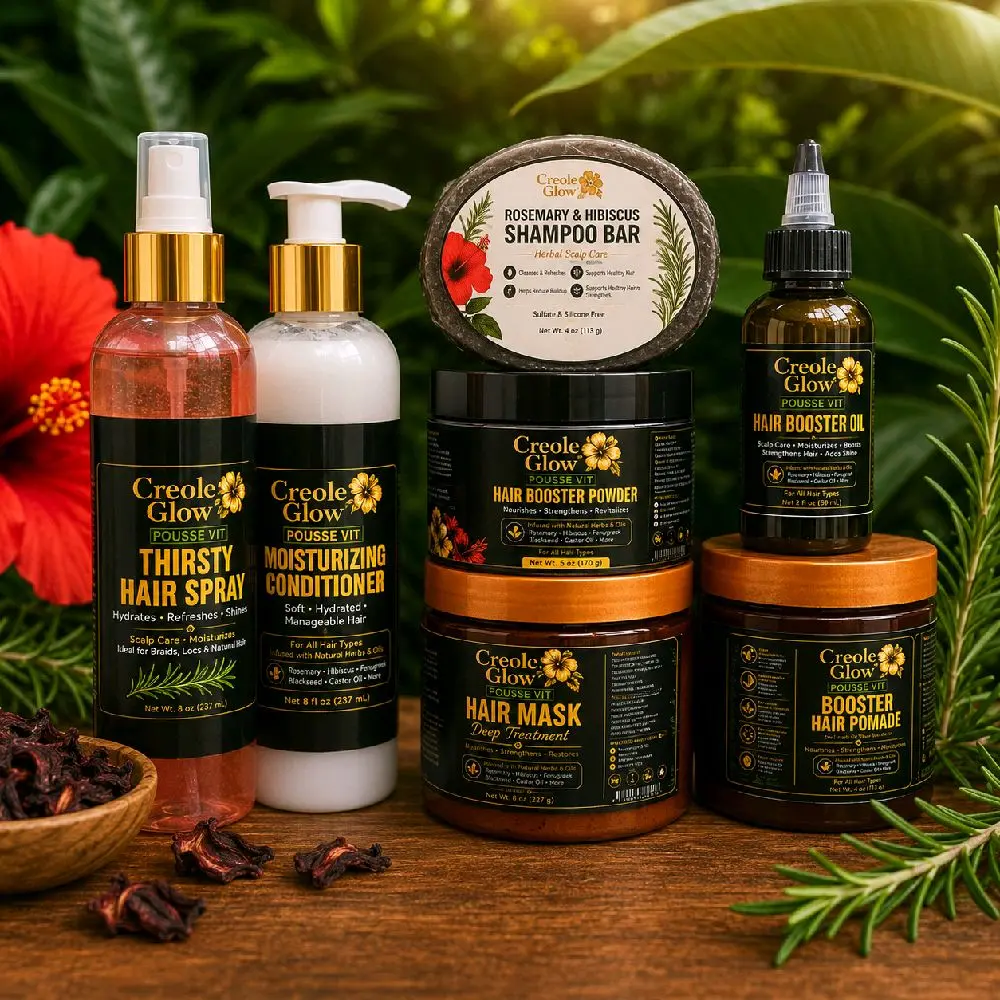 Creole Glow Pousse Vit Complete Hair Care Bundle | Hair Growth Kit with Shampoo Bar, Hair Mask, Booster Oil, Hair Pomade, Conditioner, Hair Spray & Hair Booster Powder