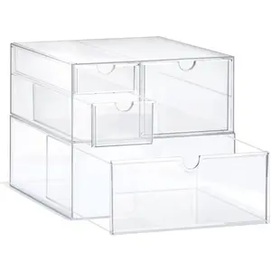 Drawer Makeup Organizer with 4 Drawers, Set of 2 Office Desk Organizers Accessories, Clear Stackable Storage Drawers for Vanity, Countertop, Craft, , Art  Organization