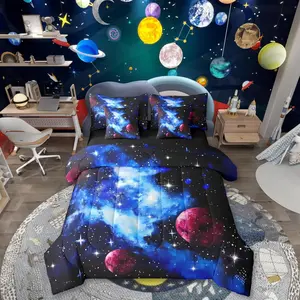 Galaxy 7 Piece Bedding Set,Outer Space Themed Bed Bag,Constellation Twinkle Stars Comforter,with Sheets Starry Sky Planet Bed Set