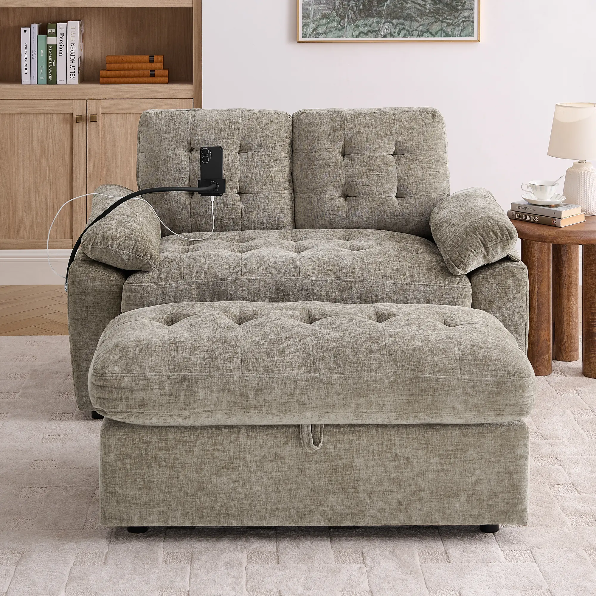 Niccae Leisure sofa chair,Double sofa recliner, with manually adjustable backrest, soft padded armrests, side USB charging port and phone stand, comes with a matching storage ottoman-Brown