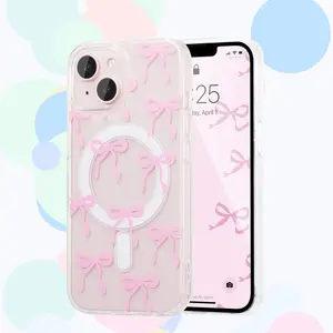 Magnetic Phone Case for iPhone 17 E 16 E 15 14 13 12 11 17 Pro Max Plus, MagSafe Bow Case, Ultra Slim Clear Ribbon Aesthetic Cover, Anti-Yellowing Shockproof Protective Case for Women Girls