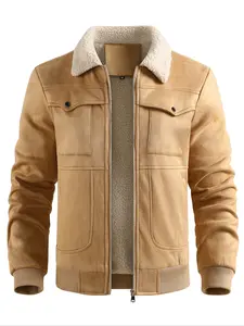 Winter Warm New Men's Jacket Thickened Collar Cotton Jacket Suede Cotton Jacket Solid Color Fur Integrated Men's Jacket with Velvet Thickened Plush Jacket