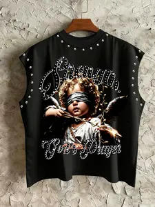 Men's Casual Vest with Eye-Covering Angel Print, Strength God's Prayer Embellished Font, Vintage Style, Comfortable Skin-Friendly Fabric, Menswear