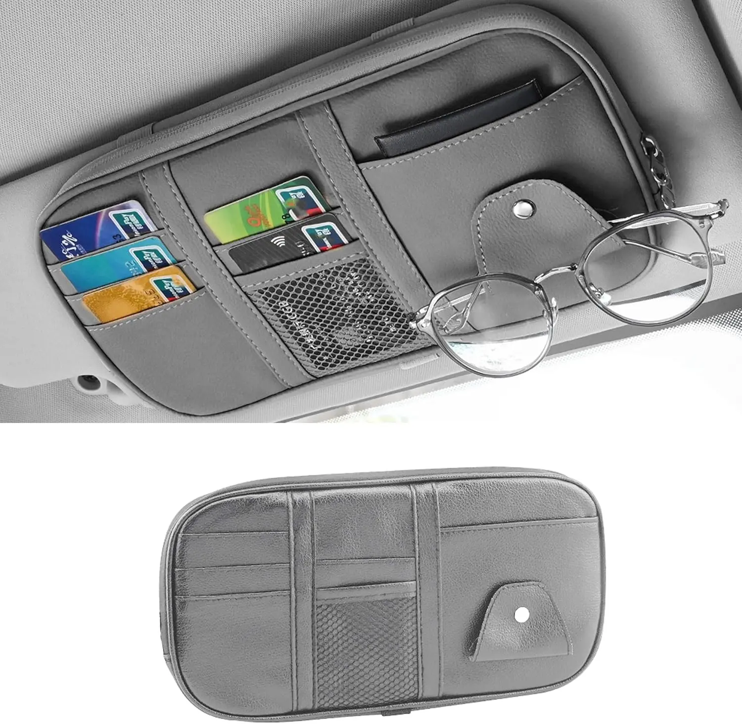 Car Sun Visor Organizer, Multi-Pocket PU Leather Sunglass Holder and Storage Pocket with Net Zipper, Card Sleeve Pocket Organizer, Auto Interior Accessories for Vehicle, Truck, SUV (Gray)