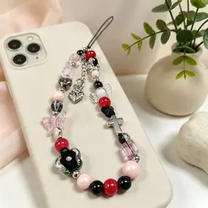 Y2K Cross and Butterfly Bead Phone Chain, Gothic - Phone Wristband, Strawberry Pendant, Fashionable Anti-Drop Lanyard, Stylish Phone Accessory, Phone Charms, Phone Decoration