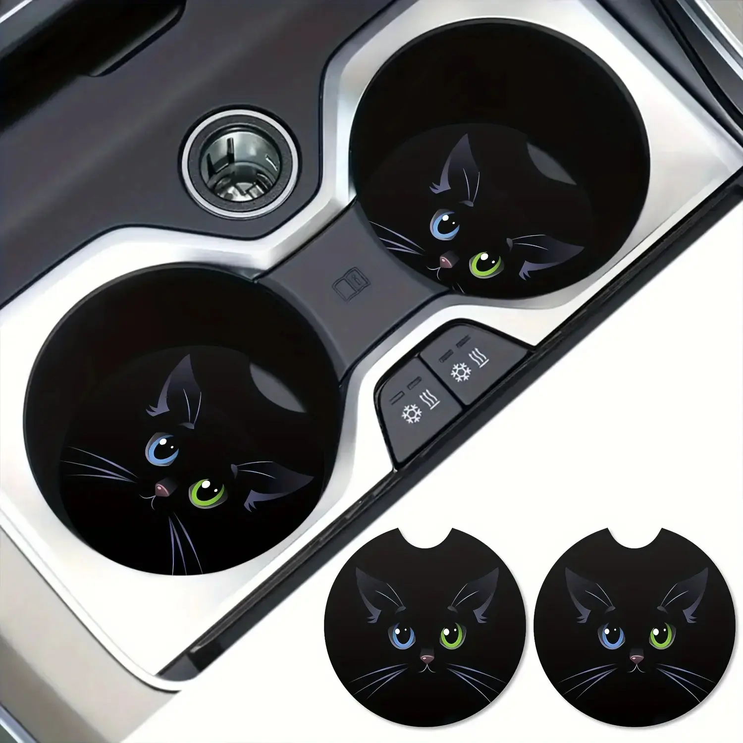 2pc Cute Black Cat Car Cup Holder Coasters, Kawaii Heterochromia Odd Eyes Cat Car Coasters, Absorbent Rubber Anti-Slip Auto Cup Mat, Trendy Aesthetic Car Decor Gift