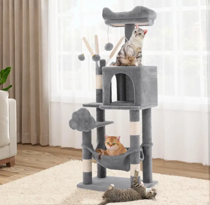 DWVO 44-Inch Multi-Level Cat Tree, Indoor Cat Tower with Hammock, Cave, Perches, Scratching Posts, and Pom-poms for Kittens