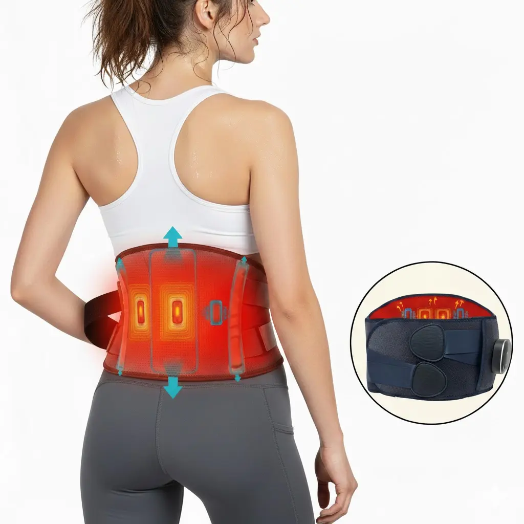 Heated Lumbar Therapy Belt for Lower Back Pain Relief with Red Light & Vibration Massage, Cordless Brace with High-Capacity Built-in Cells, Breathable Fabric for Daily Use at Your Desk, Posture Improvement, Wireless
