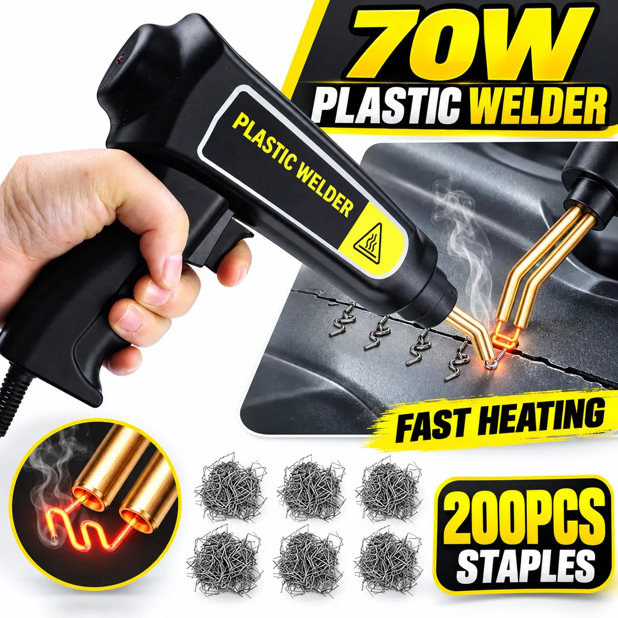 70W Plastic Welder Kit, Handheld Hot Stapler Plastic Repair Welder with 200 Pcs Staples, Car Bumper Crack Repair Welding Machine for Plastic Parts, Fairing, Kayak, Canoe, ATV, Automotive Tools