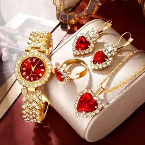 Luxury Women’s Heart Watch & Jewelry Set with Matching Necklace, Ring & Accessories – Fashionable Elegant Style with Red Gemstone Accents