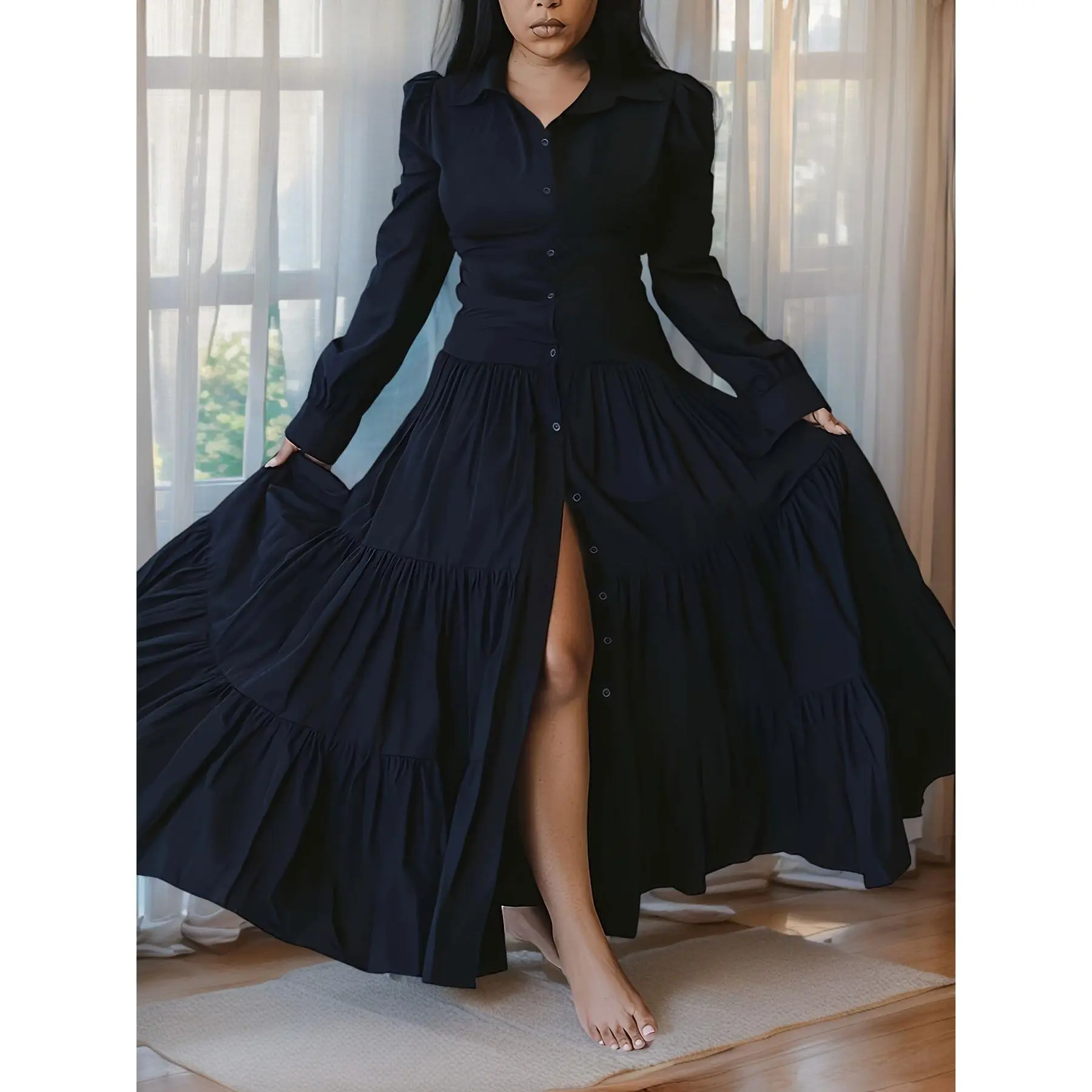 Women's Elegant Black Polyester Maxi Dress - Button-Down, Tiered Skirt,  Comfortable Fabric, Chic Sleeve - Casual Sophisticated Womenswear - TikTok  Shop