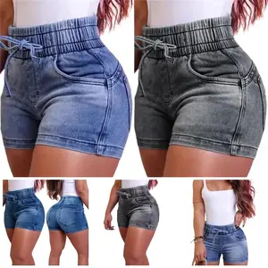 High-waisted slim-fit elastic denim shorts for women, elastic lace-up hot pants, casual denim shorts with drawstring for sports comfort and breathability GARMENTARY