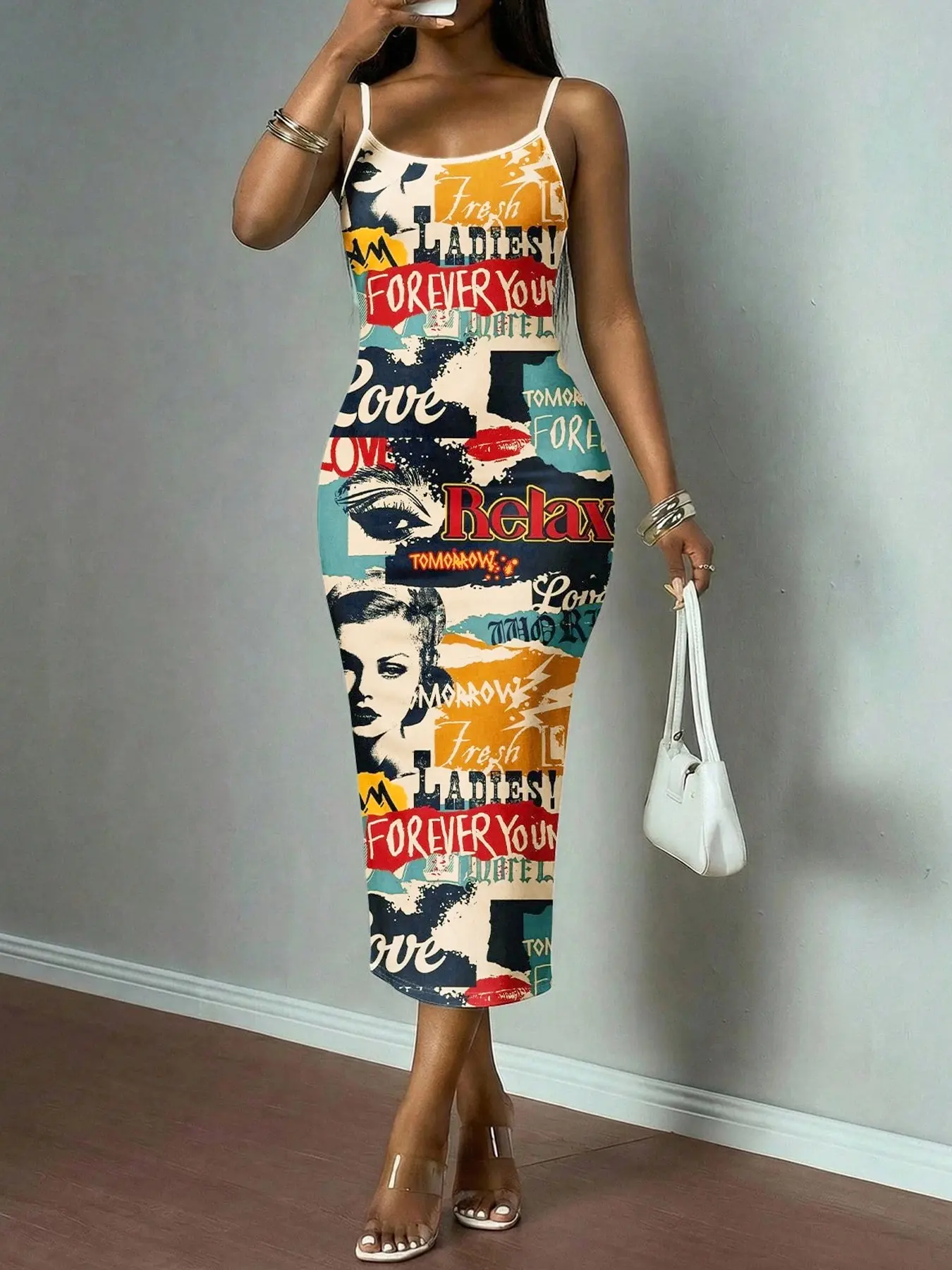 Women's Street Style Graffiti Print Long Dress, Casual Wear, Bodycon Summer Dress, Bodycon Fitted Dress, Summer Sleeveless Spaghetti Strap Slim Fit Chic Dress, Fashion Trend All over Print Dress for Ladies