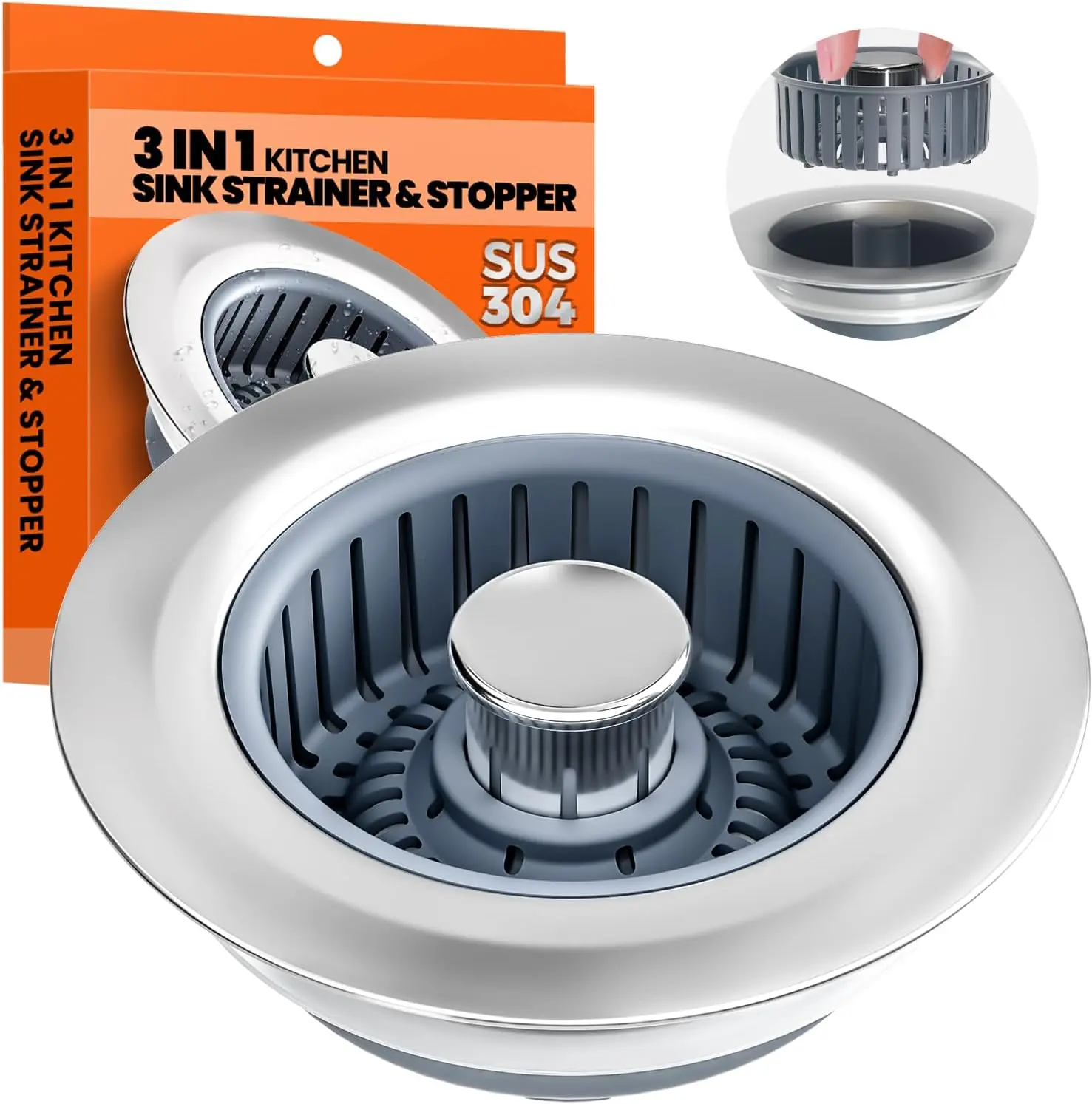 3 in 1 Kitchen Sink Drain Strainer and Stopper Stainless Steel Food Catcher Basket with Removable Insert Pop Up Odor Filter Anti Clogging Fast Drainage Garbage Disposal Sink Plug Replacement for US Standard Kitchen Sinks