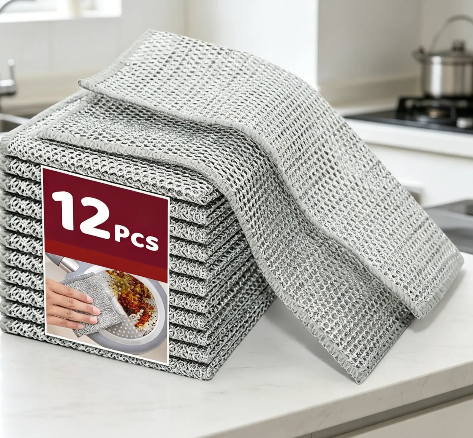 12 Pcs New Upgrade Steel Wire Dishcloth, Non Scratch Cleaning Rag Wet Dry Use, Reusable Wire Cloth for Cookware Sinks Dishes Stove Tops