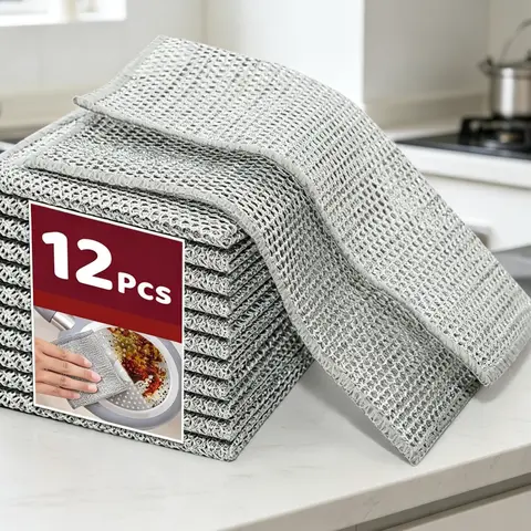 12 Pcs New Upgrade Dense Steel Wire Metallic Cleaning Cloths - Non-Scratch, Washable, Smooth Surface, Reusable Household Kitchen Cleaning Supplies for Utensils, Cookware, Wet & Dry Dual Use Camera Care Tool
