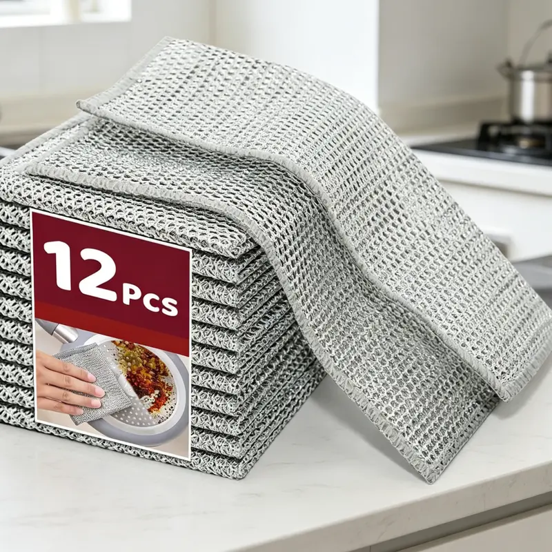 12 Pcs New Upgrade Dense Steel Wire Metallic Cleaning Cloths - Non-Scratch, Washable, Smooth Surface, Reusable Household Kitchen Cleaning Supplies for Utensils, Cookware, Wet & Dry Dual Use Camera Care Tool