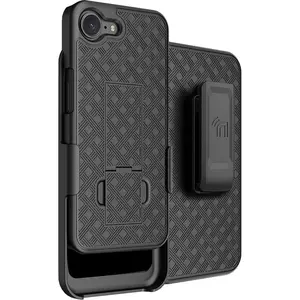 Case with Clip for iPhone 17e / 16e, Nakedcellphone Textured Slim Cover with Stand and [Rotating/Ratchet] Belt Hip Holster Holder Combo - Matte Black