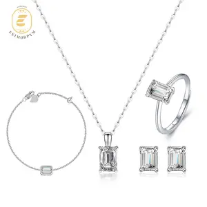 Moissanite 1ct Solitaire Step Cut Jewelry Set Earrings Ring Necklace Bracelet Set for Birthday Wedding Engagement Anniversary  Gift Daily Wear
