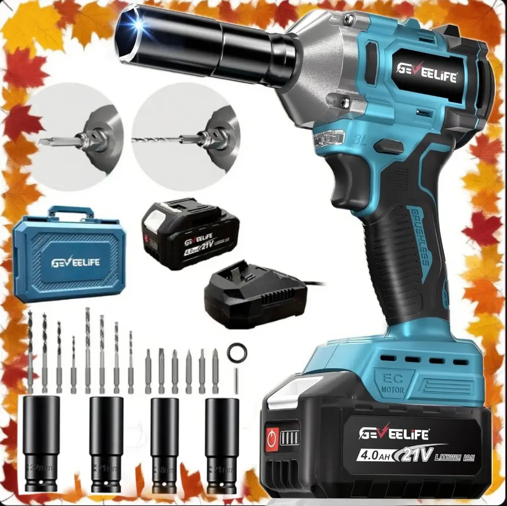 450N.m/332Ft-lbs Brushless 3 in1 Impact Wrench,1/2" Cordless Impact Gun with 4.0Ah Battery & 6 Sockets, Electric Impact Driver for Car/DIY Furniture/