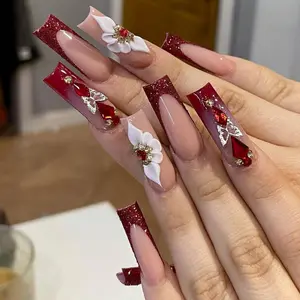 Wine Red Glitter French 3D Flower Press On Nails, Red Rhinestone Gold Bead Butterfly Decor, Extra-Long Trapezoid Removable False Nails, Perfect for Party & Date, with Jelly Glue and Nail File