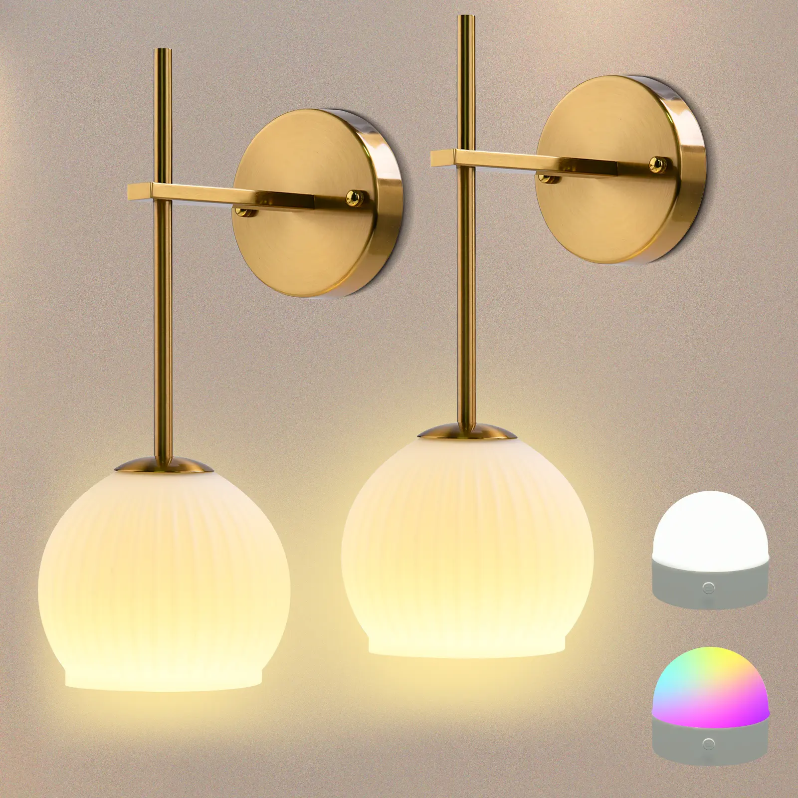 Wireless Battery Powered Wall Lamps Remote Control Bedroom Lights, Rechargeable 2 2/Set Wall Sconces with Milky White Glass Shade 12 RGB Dimmable Wall Lamps, Rechargeable Batteries