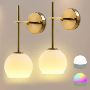 Wireless Battery Powered Wall Lamps Remote Control Bedroom Lights, Rechargeable 2 2/Set Wall Sconces with Milky White Glass Shade 12 RGB Dimmable Wall Lamps