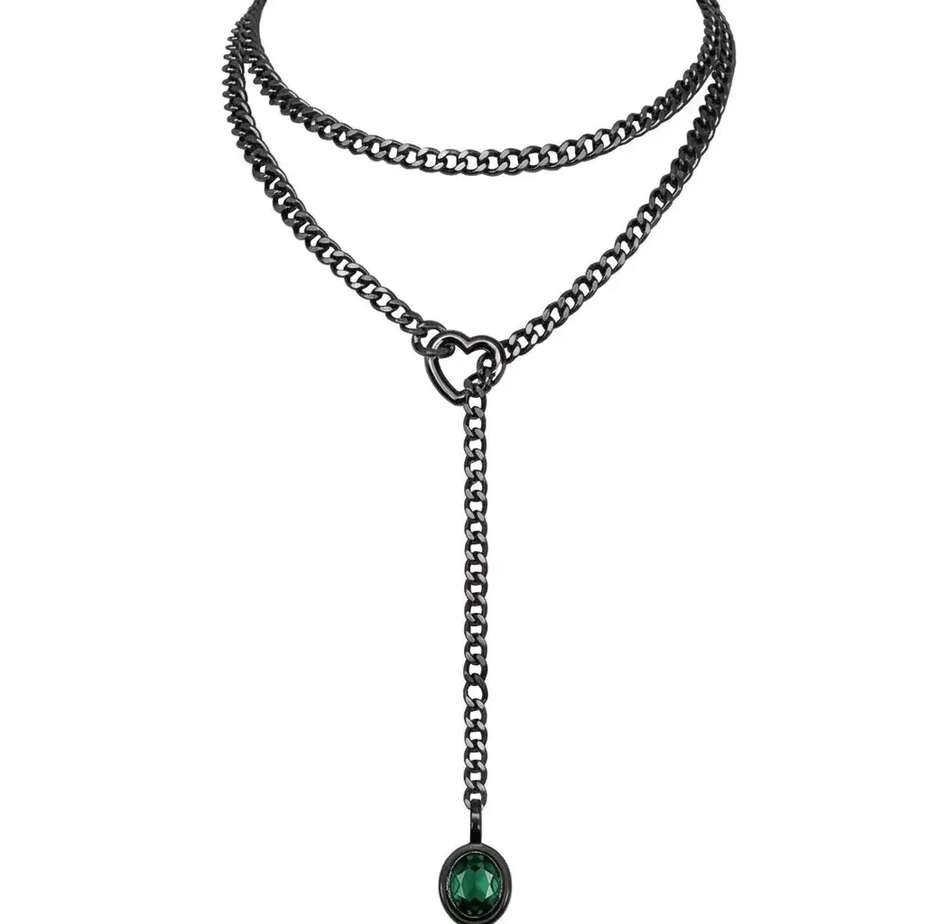 Unisex Slip Chain Jewelry Necklace,Black Green Gem Heart Balck, Adjustable Durable Thick Chain for Couples, Gf, Bf, Fashion Jewelry for Alternative Women & Men, Gothic Girl Chain Daily Collar Necklace, Altfashion Necklace with Pull Chain