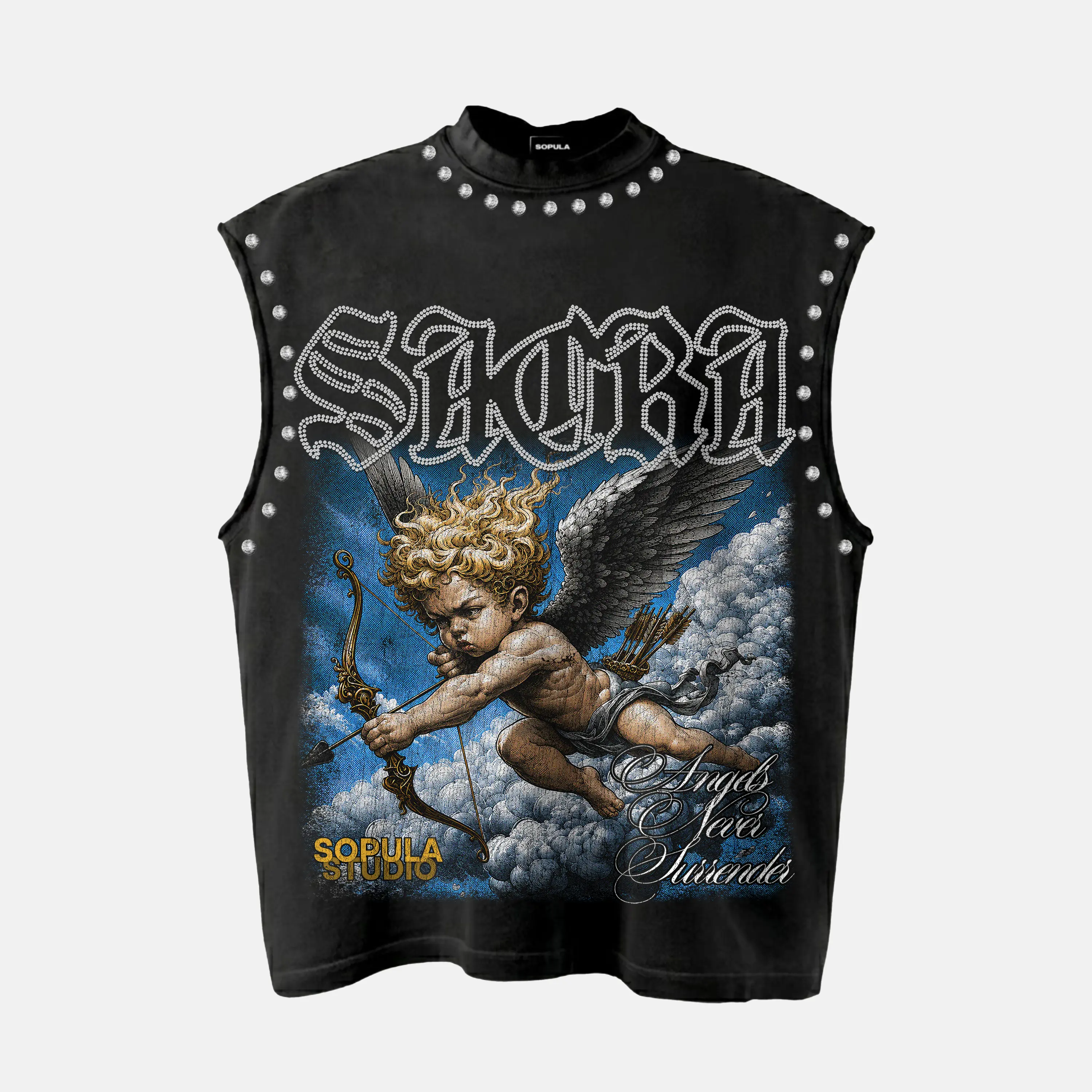 Sopula Studio Menswear Men's Sacra Angels Never Surrender Graphic Rhinestone Sleeveless Vest Tee, Casual Graphic Tank Tops, Tank Top Casual, Streetwear, Stylish Tank, Rhinestones