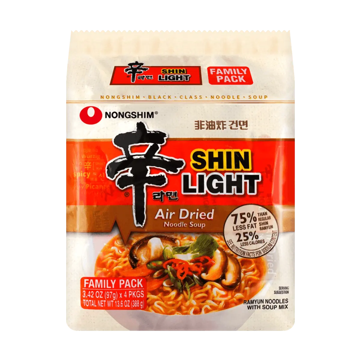 NONGSHIM Shin Ramyun Light - Low Calorie, Non-Fried Instant Noodles, 4-Pack (388g) - Authentic Korean Flavor, Healthier Choice
