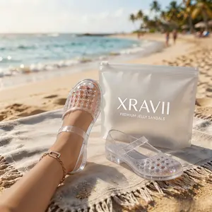 XRAVII Women's Retro Hollow-out Jelly Sandals, Summer Sequin Flat Beach Shoes, Waterproof and Non-slip Slip-on Vacation Water Shoes