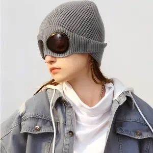 Autumn Winter Unisex Knitted Hat with Fleece Lining, Thickened Warm Woolen Cap, High Definition Eye Protection, Elastic Fit, European Style, Beanie Fitted