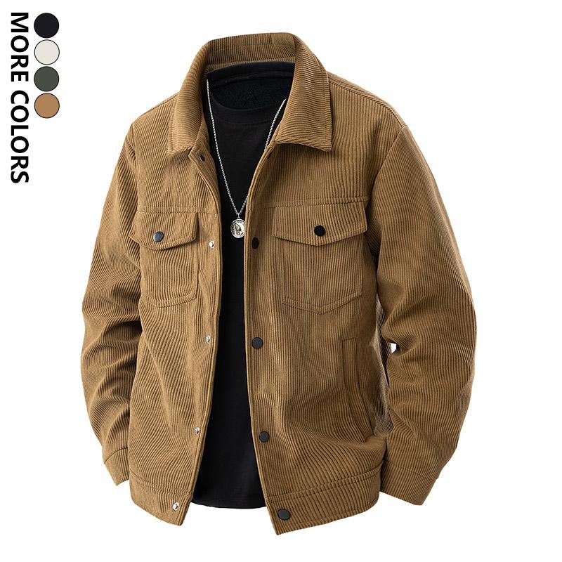 Men's corduroy work jacket, men's solid color long-sleeve jacket, multi-pocket flap design, casual long-sleeve button collar, suitable for autumn and winter outdoor wear, regular fit for everyday casual wear