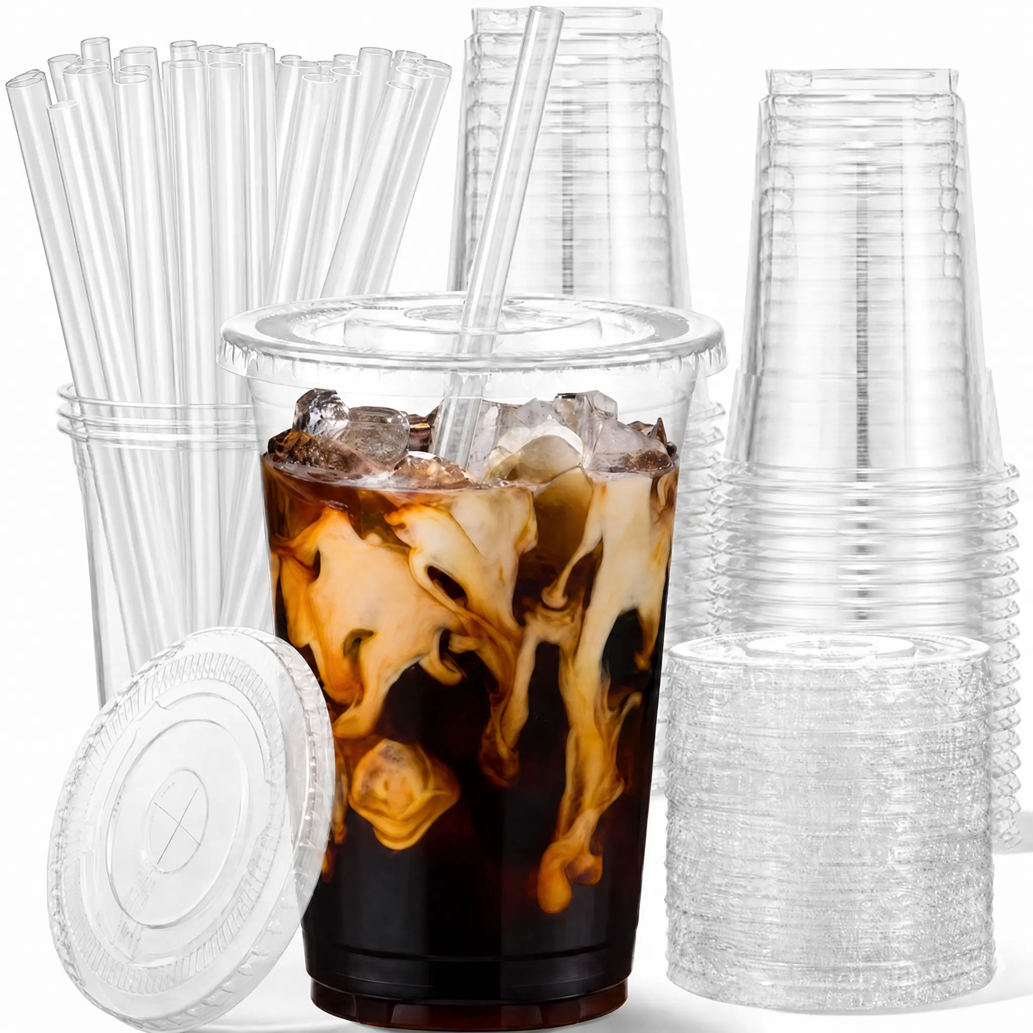 16 oz disposable plastic coffee cup Mexican cup beverage Straw Cups Clear Cups With Lids and transparent straw 【new flat bottomed style】