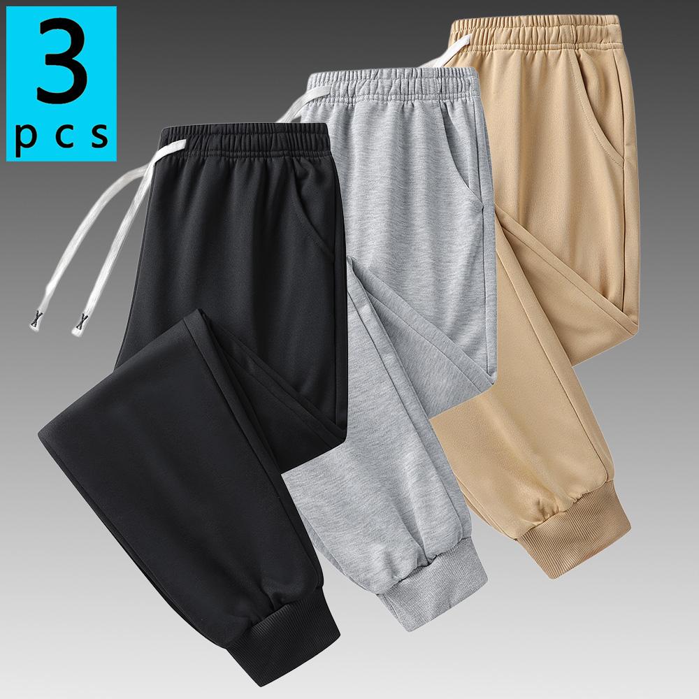 Pack of 3 men’s new casual athletic pants for all seasons—fitness/running joggers, solid-color outdoor jogger pants with cuffs—suitable for everyday wear and workouts in spring and autumn. streetwear comfy