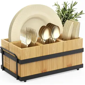 Silverware Caddy for Party, Silverware Holder with 4 Removable Compartments for Countertop Organizing Utensils, Paper Plates, Flatware, Wood Sevring Caddy