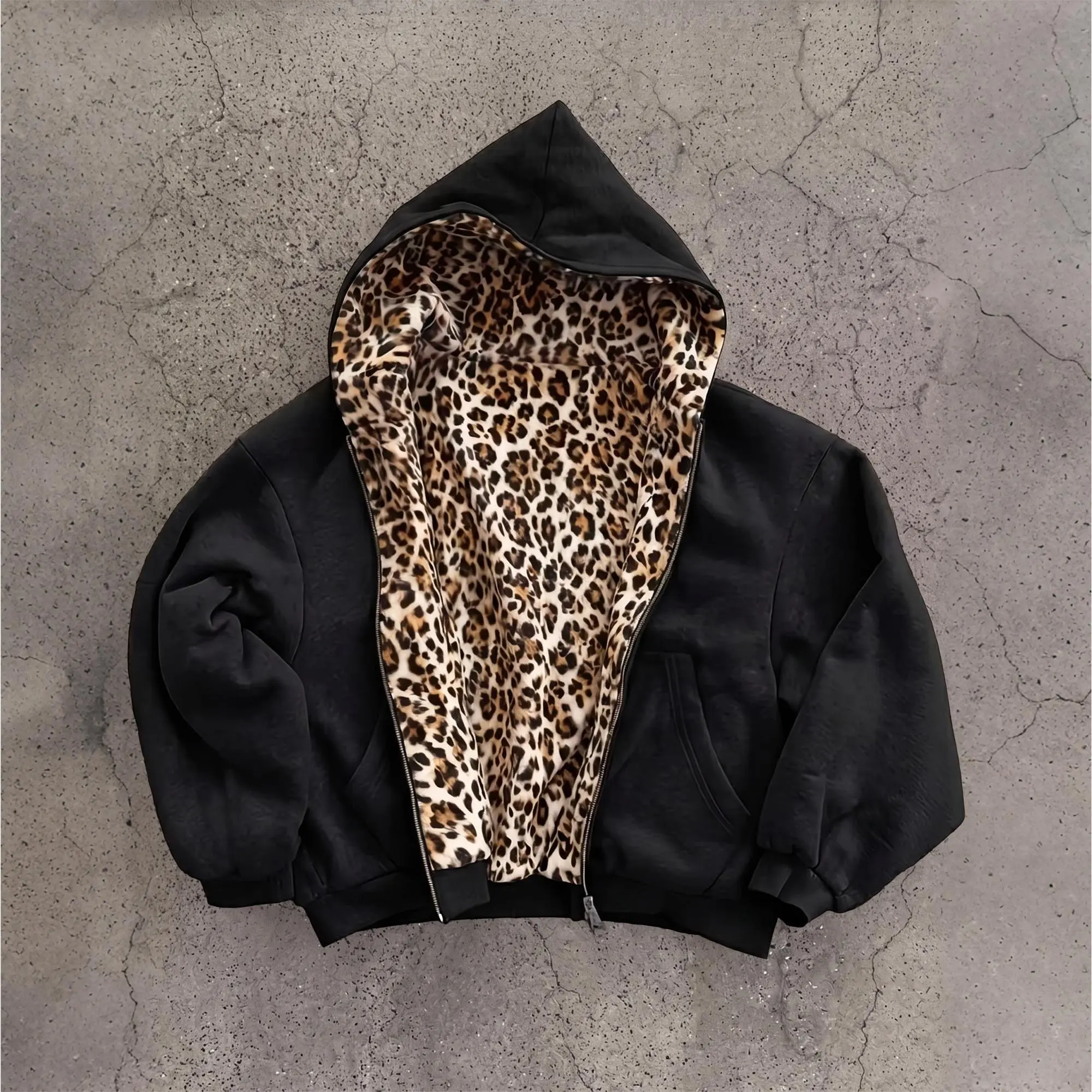 Men’s reversible leopard-print hooded jacket for autumn/winter, American vintage loose fit, can wear inside out, cotton zip-up sweatshirt