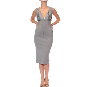 2000S DONNA KARAN Heather Grey Cotton, Rayon & Spandex Knit Jersey Dress With Net And Boning