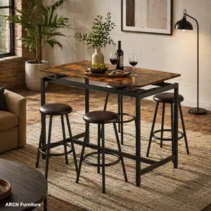 Farmhouse 5-Piece Space-Saving Kitchen Counter Height Table Set - MDF & Iron Bar Table, 4 Easy-to-Assemble Dining Chairs, Indoor Furniture for 4 People