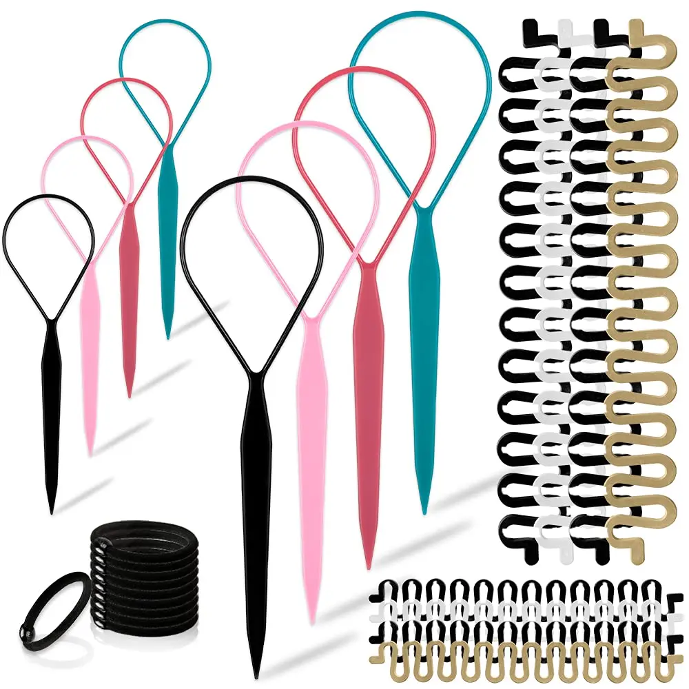 28-Piece French Braider Kit Set, Haircare Styling Tools Pack with 8 Topsy Tail Tools, 10 Braid Makers, 10 Hair Ties for Easy Twists & Ponytails, Styling Accessories, 28 Pieces