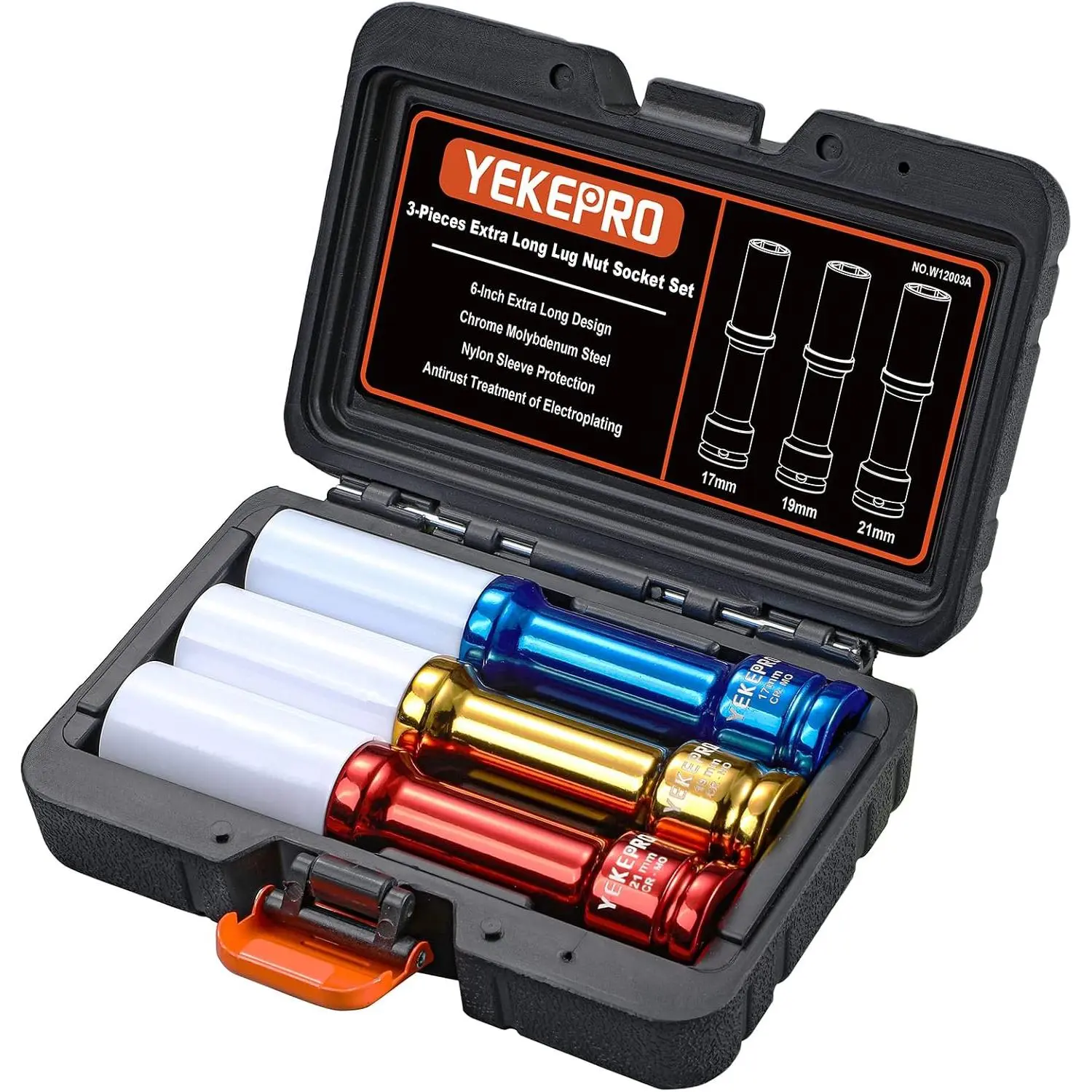 Lug Nut Socket Set 1/2" Drive Impact Tools, Non-marring & Thin Wall Lug Nut Socket Set, Extra Long 150mm Deep Socket for Wheel Lug Nut Remover, 3pcs Metric Sizes 17 19 21mm, 6 Point, W12003A