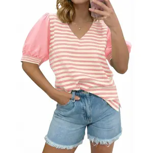 Imily Bela Womens Puff Sleeve Striped Tshirts Summer Oversized Color Block V Neck Tops Trendy Casual Basic Tee Shirts