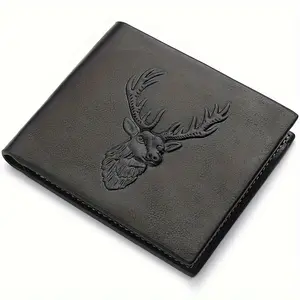 Elegant Men's Black Faux Leather Wallet with Embossed Deer Head Design – Multi-Card Slots, Trifold Closure, Perfect Christmas Gift for Him