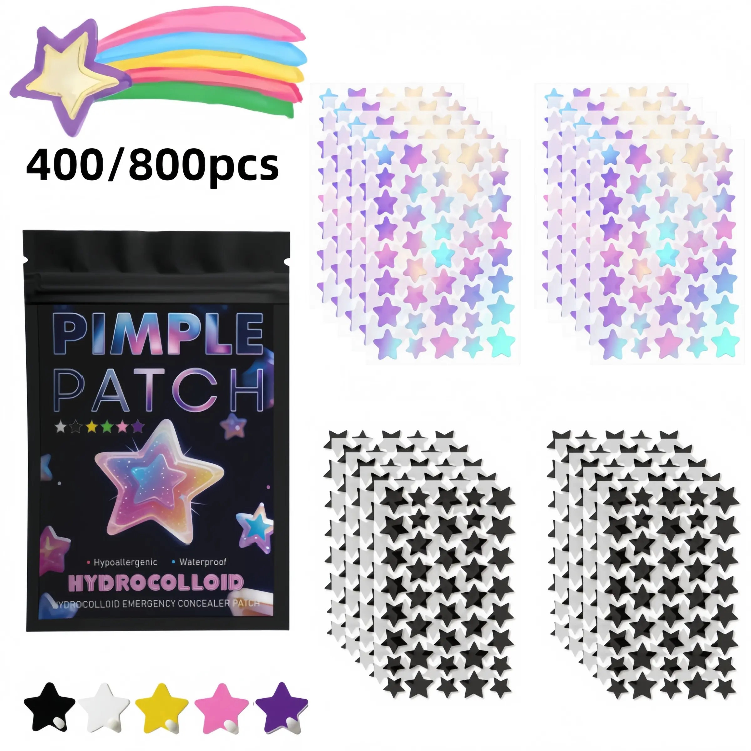 400/800pcs Glitter Star Hydrocolloid Acne Patches, Hydrocolloid Spot Treatment, Sparkly Spot Cover Stickers with Salicylic Acid, Tea Tree & Calendula Extracts, Blemish Care, Ultra-Thin, Breathable, Multi-Size, Suitable for All Skin Types, Day & Night Use