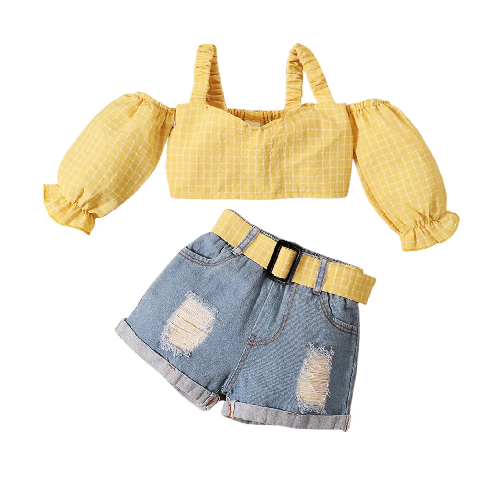 Kids Baby Girls Fashion 2-piece Outfit Set Off Shoulder Tops+Denim Shorts Set for Children Girls