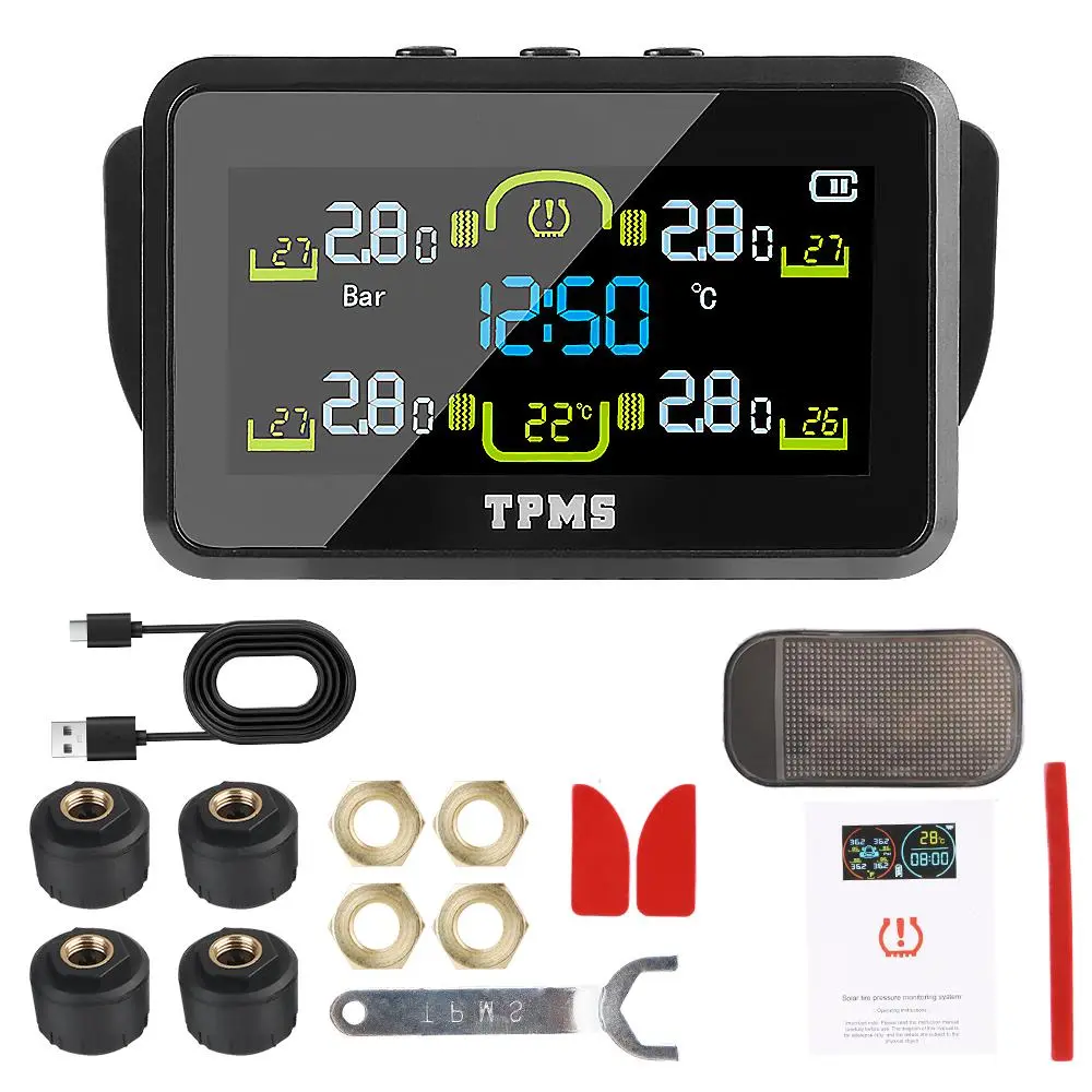 Solar Tire Pressure Monitoring System, Car Tire Pressure Monitor with 4 External Sensors, Automotive Tire Pressure Monitoring System for Vehicle, Car Accessories, TPMS Tire Pressure Monitor System