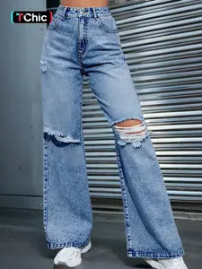 Women's Ripped High Waist Wide Leg Jeans, Casual Street Pocket Button Fly Denim Trousers, Ladies Bottoms for All Seasons