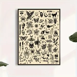 Black Tattoo Pattern Canvas Poster, Unframed Wall Art Print for Home, Dorm, Living Room Decor - Ideal Halloween Gift